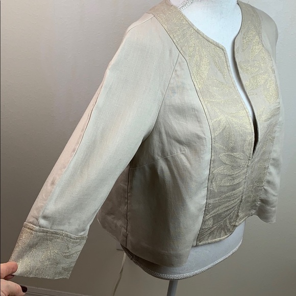 Coldwater Creek linen crop blazer jacket, gold jacquard trim summer / fall EUC - Picture 5 of 8